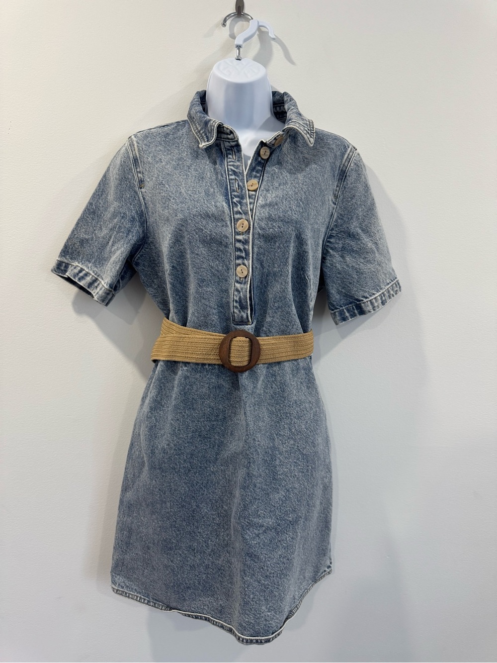 H&M Stone Blue Washed Denim Mini Dress with Tan Belt